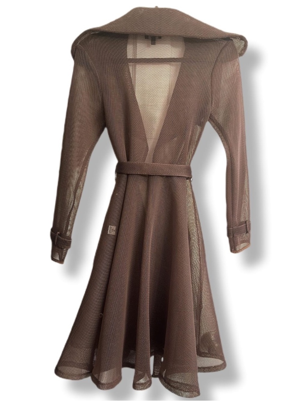 Brown Mesh Trench Coat – Belted Open Front Stretch | Women's Size: Medium - Picture 8 of 16